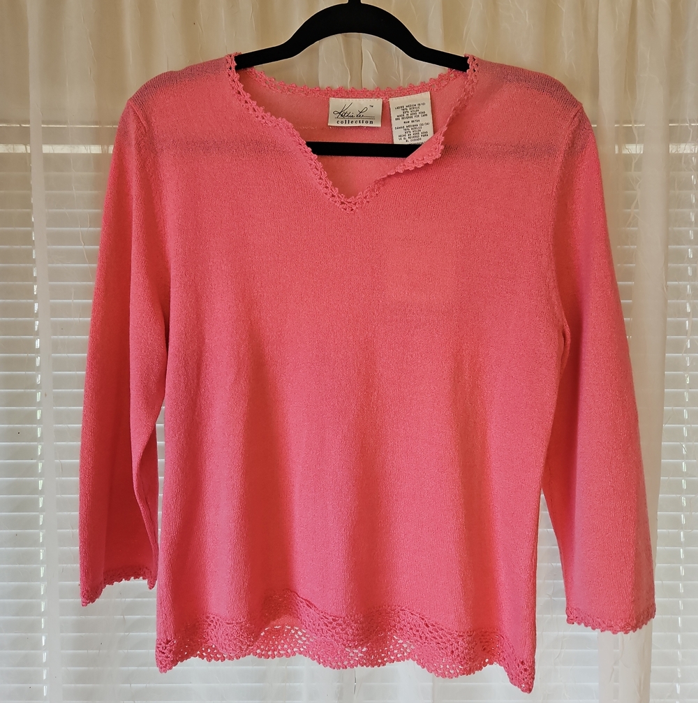Kathie Lee Collection Rose Luster Crochet Hem Split Neck Pullover Knit Top